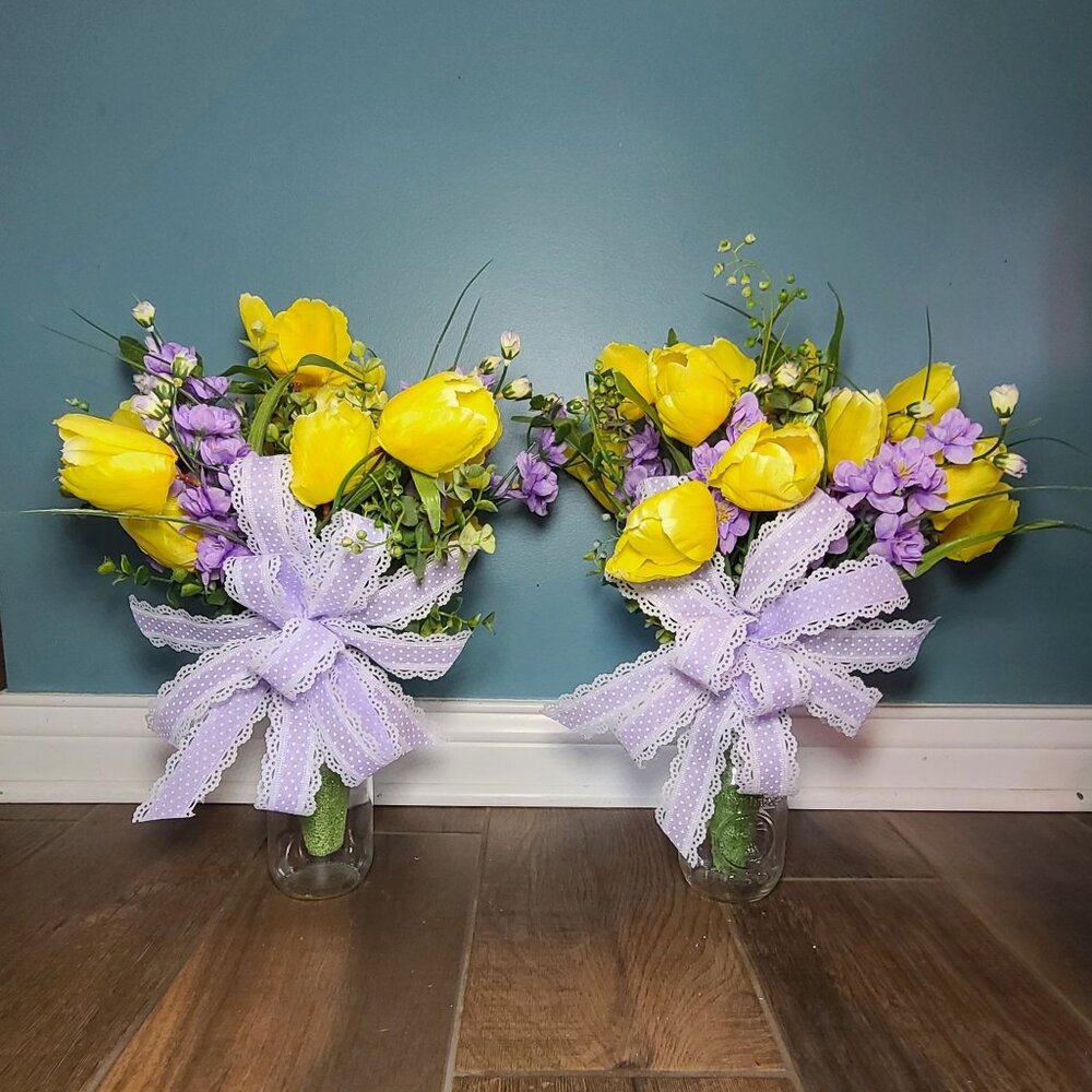 Yellow Tulips & Lavender Blossom Bush Accents, Spring Cemetery Vase Floral Arran